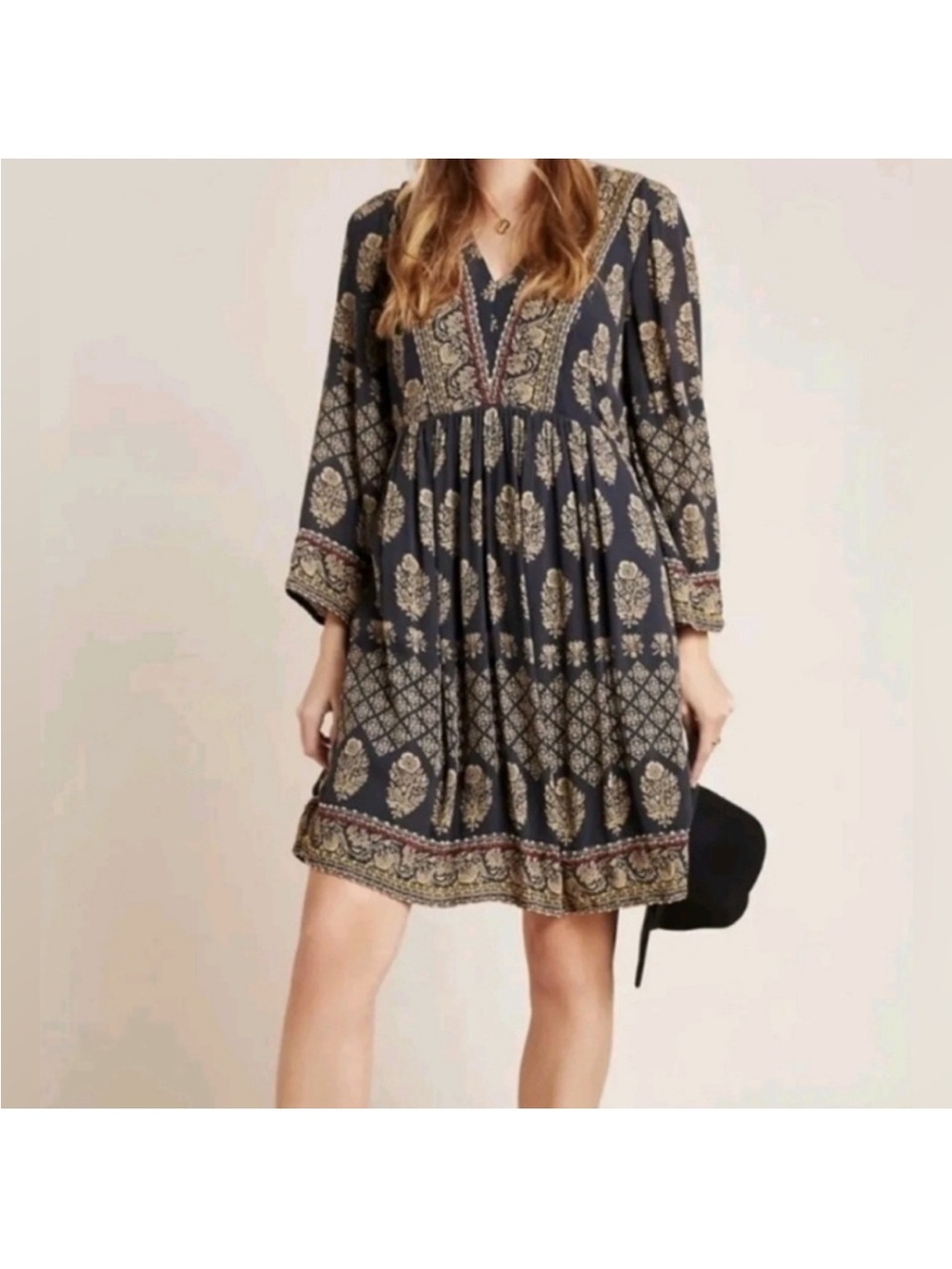 Maeve Anthropologie Bohemian black Floral V-Neck Tiered Mini Dress boho size lg